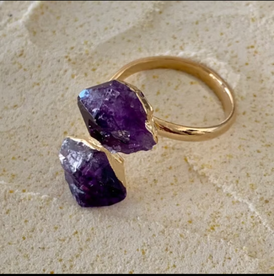 Adjustable Amethyst Stone Double Ring